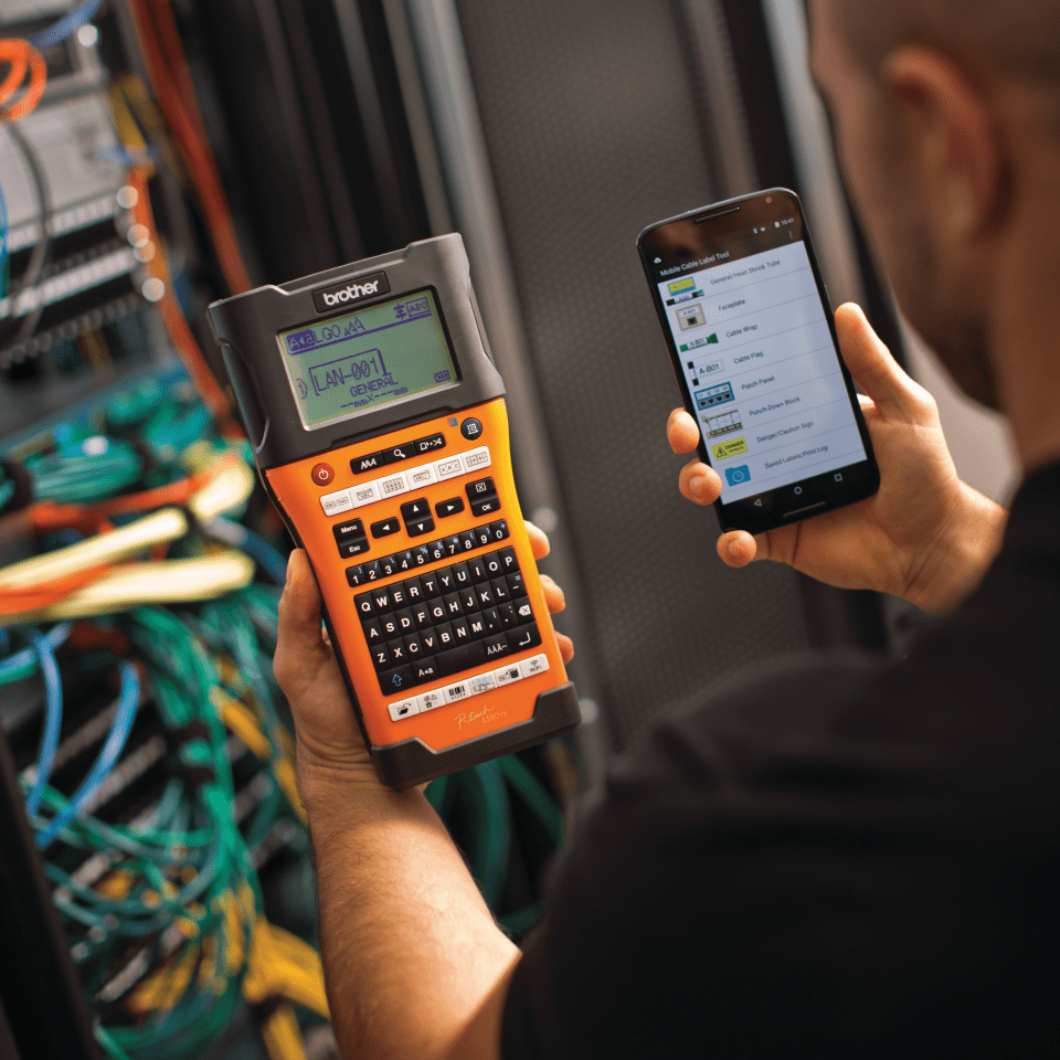 PT-E550WVP NI label printer being used to label network cables though Brother Cable Label Tool app on smartphone
