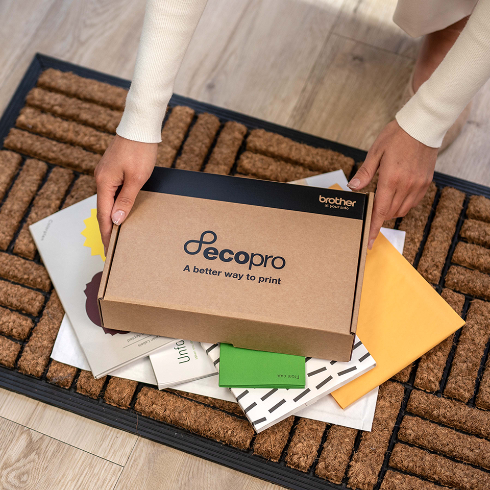 Cardboard EcoPro box being collected from a front door mat