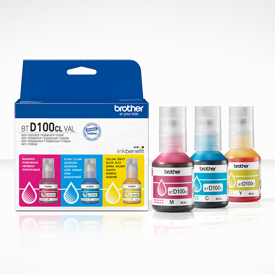 <p>BTD100CLVAL magenta, cyan and yellow ink bottles multipack with carton</p>