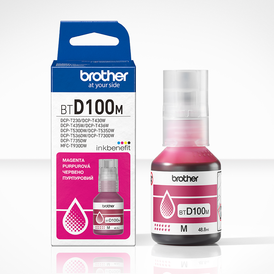<p>BTD100M magenta ink bottle with carton</p>
