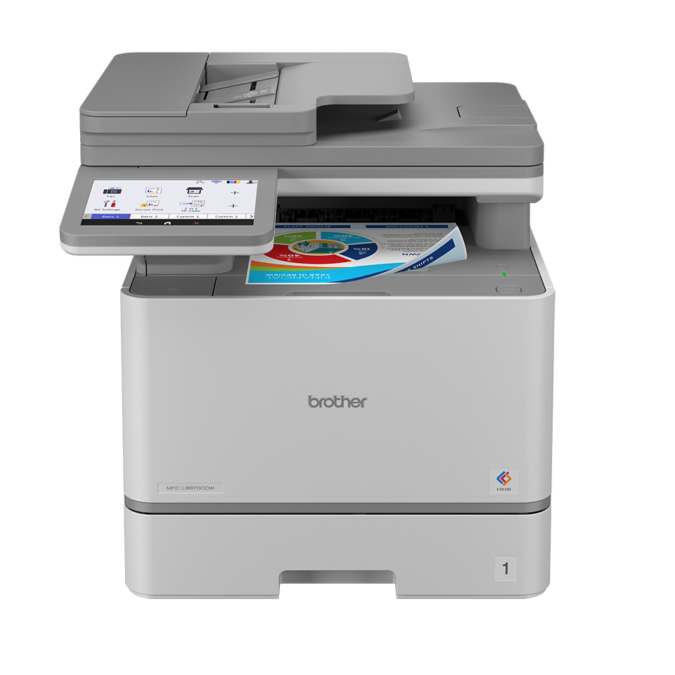<p>MFC-L8970CDW printer facing forward with colour document</p>