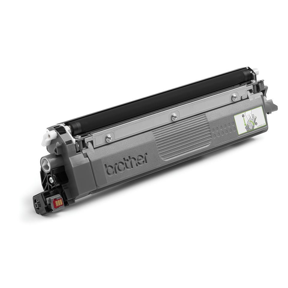 Brother TN249BK Black toner positioned facing 3/4 right on a white background