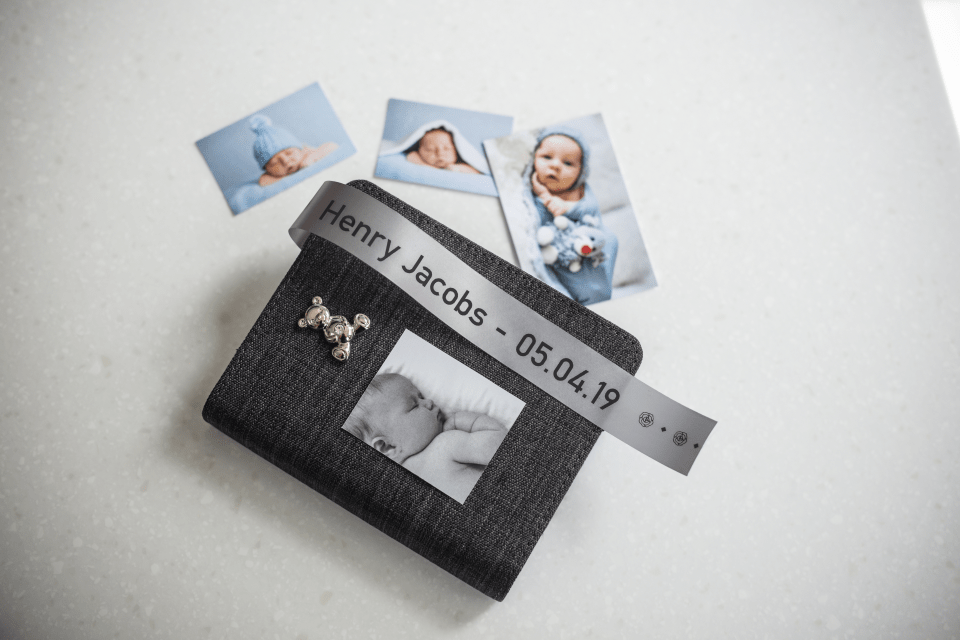 Brother TZe-R951 satin ribbon tape cassette - black on silver - new born baby photo album with the name and date of birth of the baby