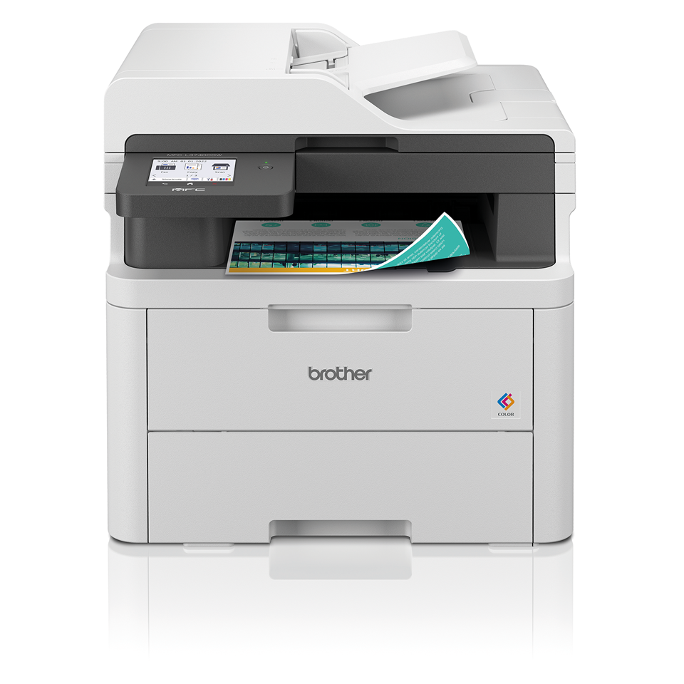 Brother multifunction printer straight on, featuring full colour duplex output