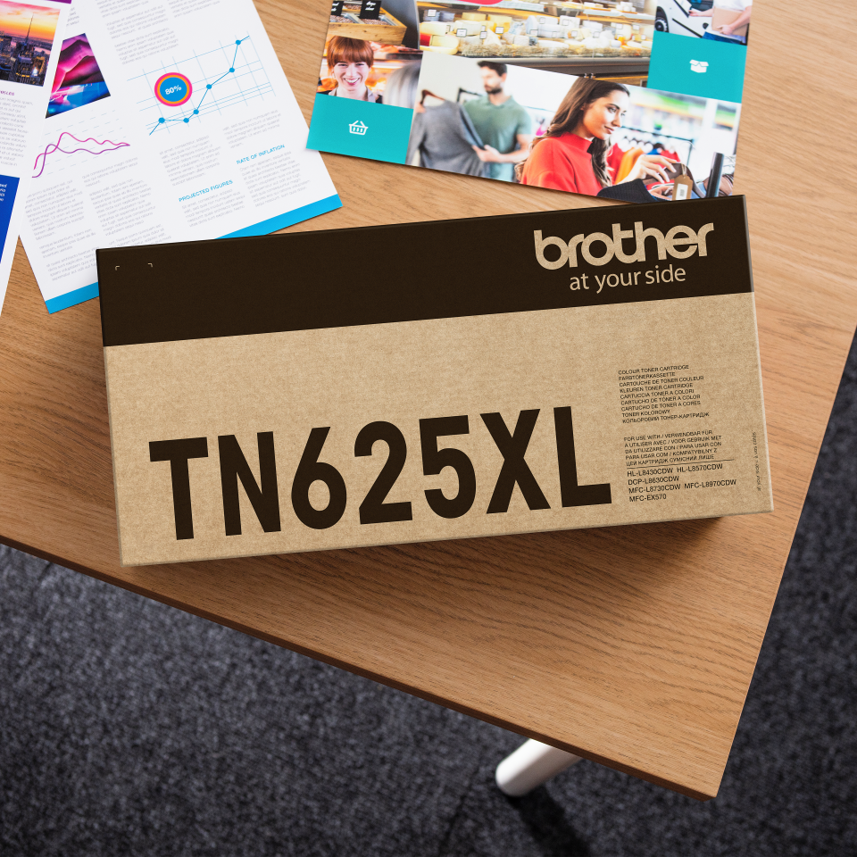 <p>Brother high yield yellow TN625XLY toner cartridge carton on a desk</p>