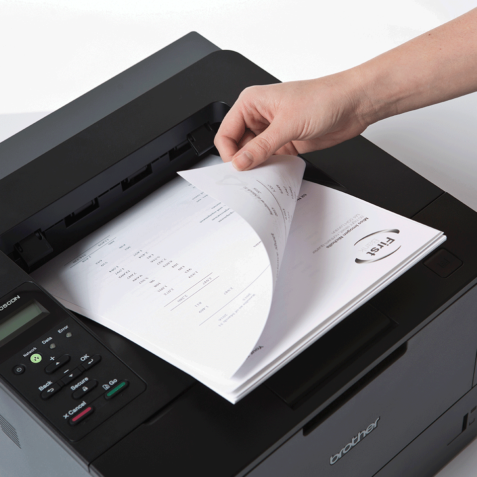 Brother HL-L5050DN professional mono laser printer with a document printed in duplex