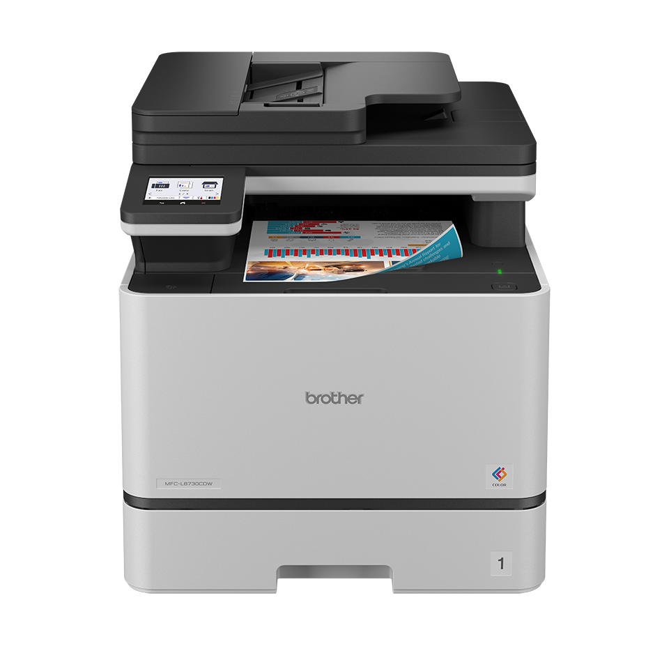 <p>MFC-L8730CDW printer facing forward with colour document</p>
