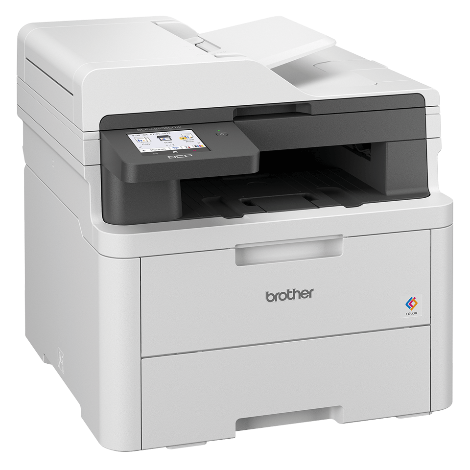 Brother DCP-L3555CDW 3-in-1 LED printer facing right on a white background