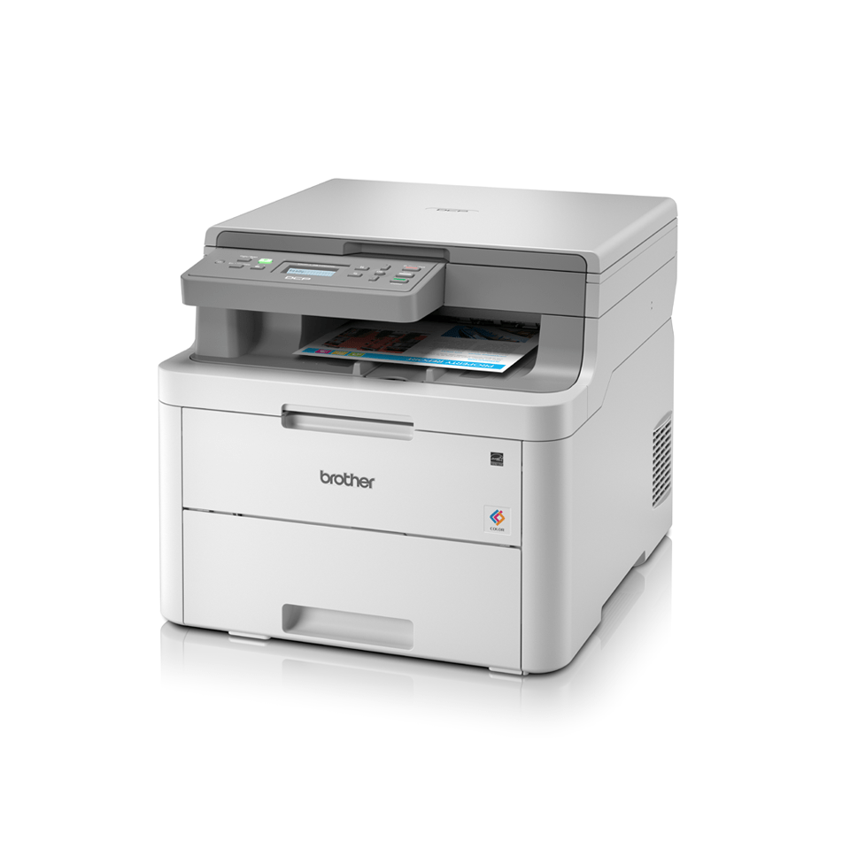 DCPL3510CDW colour LED wireless printers left facing with paper