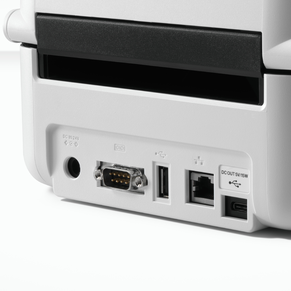 <p>A closer view of the connectivity ports of the TD4455DNWB label printer by Brother. </p>