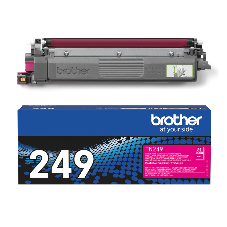 TN249M toner cartridge with carton on a white background