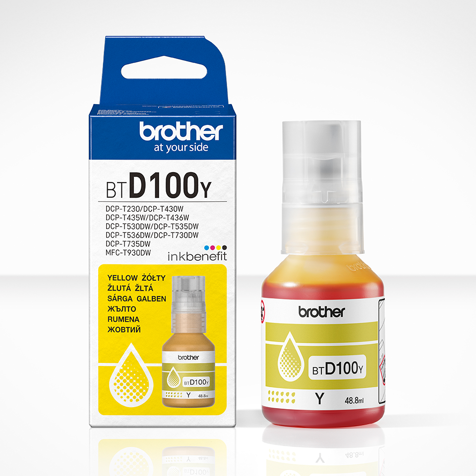 <p>BTD100Y yellow ink bottle with carton</p>