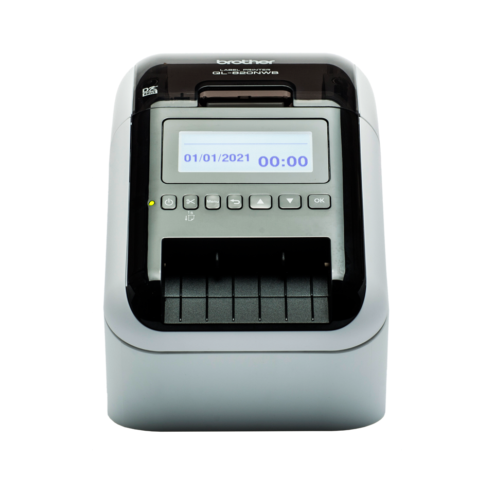 Front facing shot of the Brother QL-820NWBVM visitor and event badge label printer