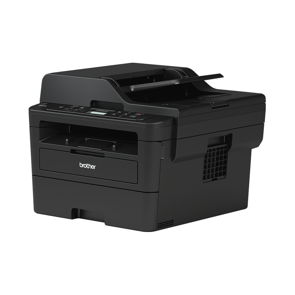 Compact 3-in-1 mono laser printer all black facing left