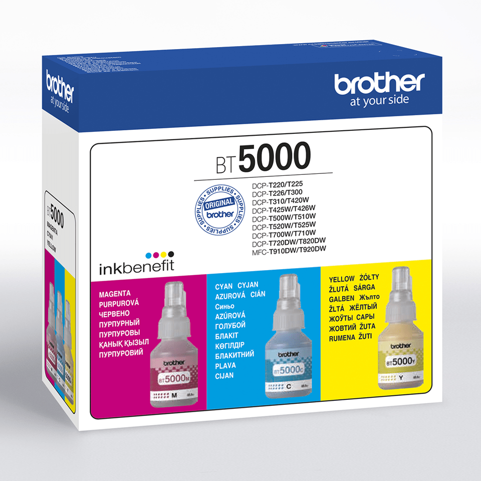 Detail shot of the BT5000CLVAL colour ink bottle multipack carton on white background