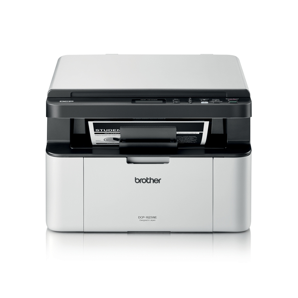 DCP1623WE print, copy and scan mono laser printer facing front with printed document