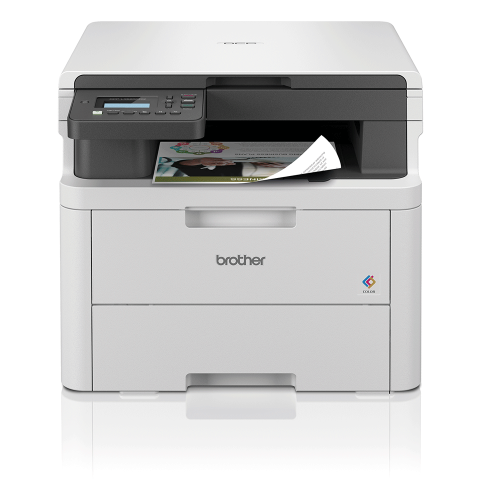 Brother DCP-L3520CDW printer facing forward with a slight reflection and full colour duplex output