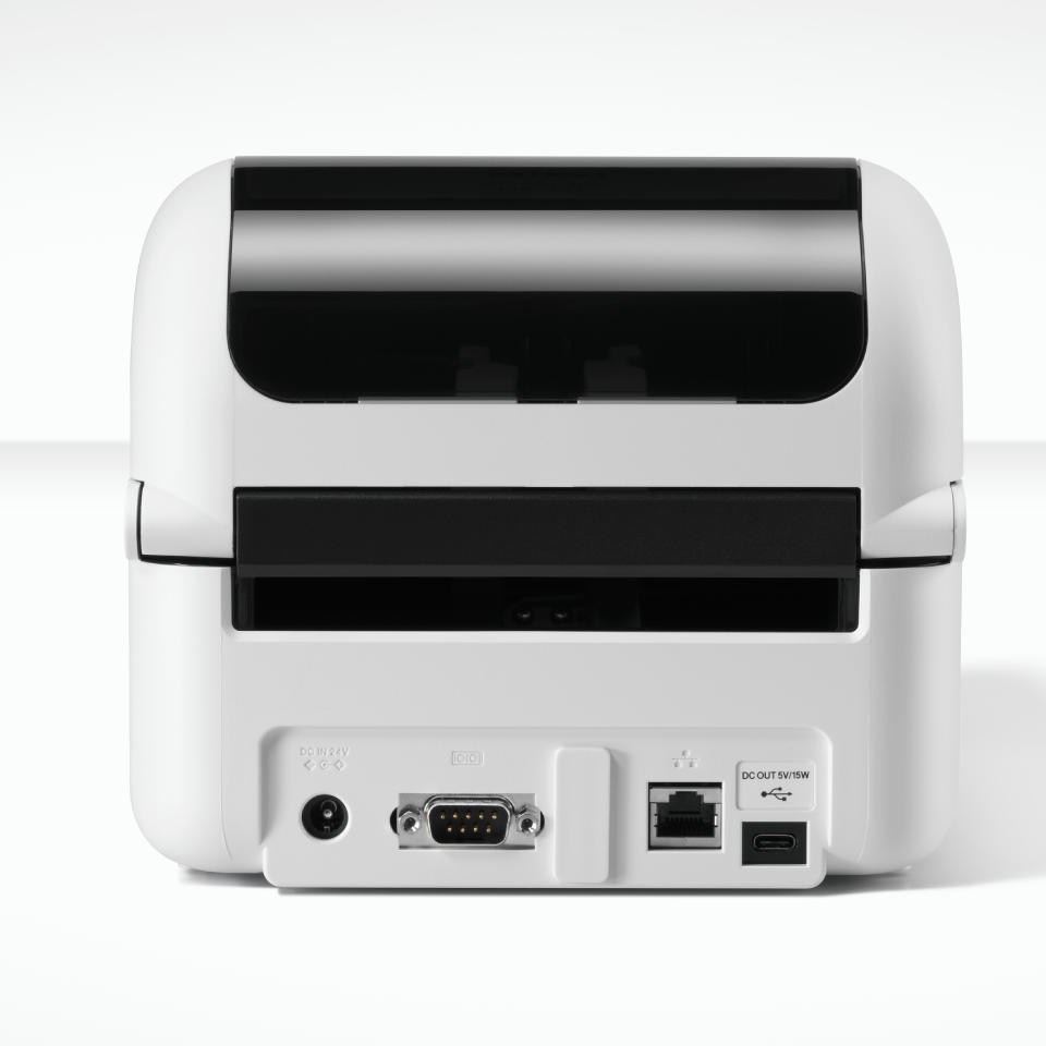 <p>The rear of the TD4525DN label printer showing connectivity ports. </p>