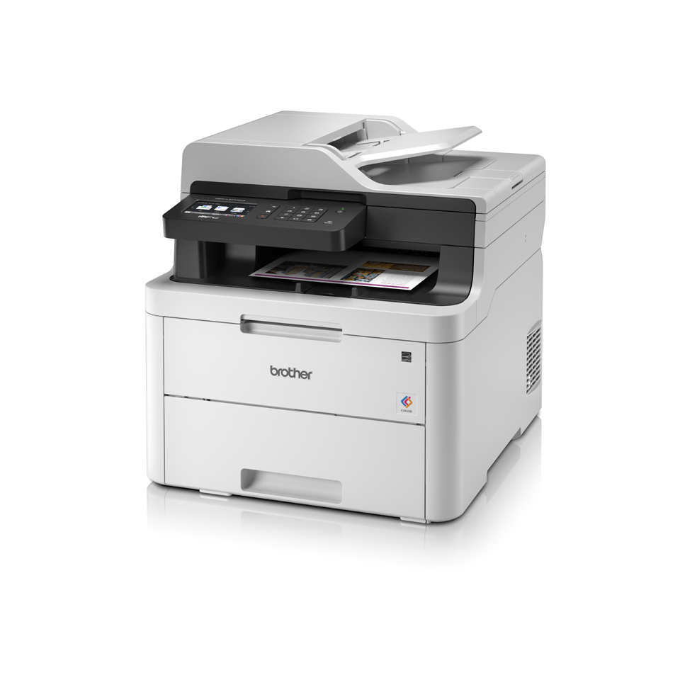 MFCL3710CW colour LED wireless printers left facing with paper