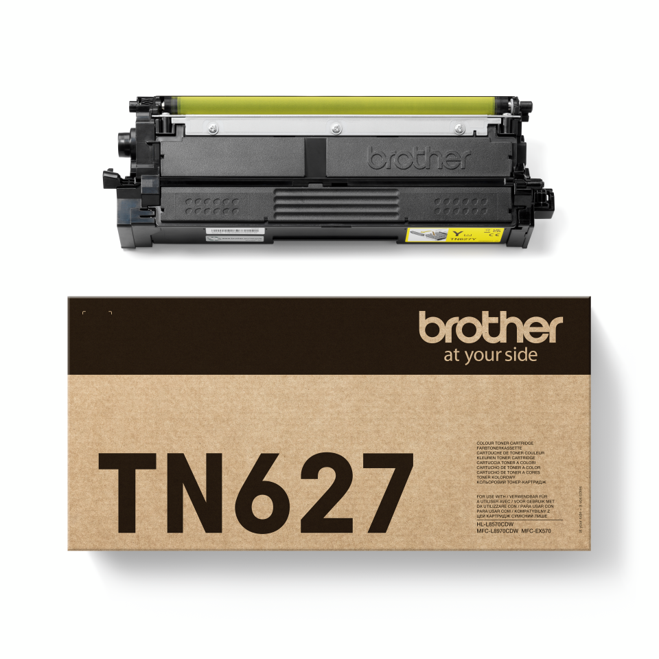 <p>Brother TN627Y yellow toner cartridge with carton</p>