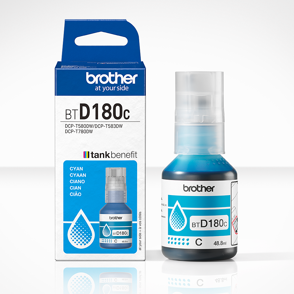 <p>BTD180C cyan ink bottle and carton</p>