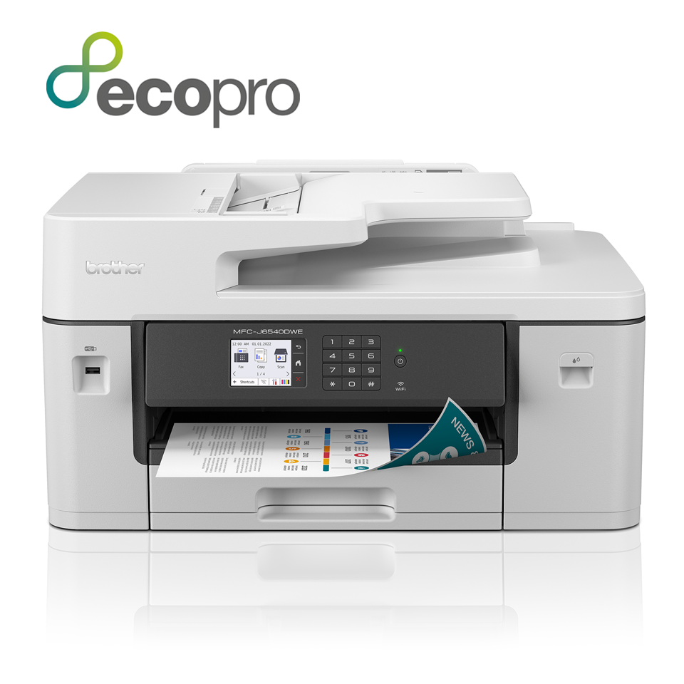 MFC-J6540DWE printer front facing with colour output and EcoPro logo