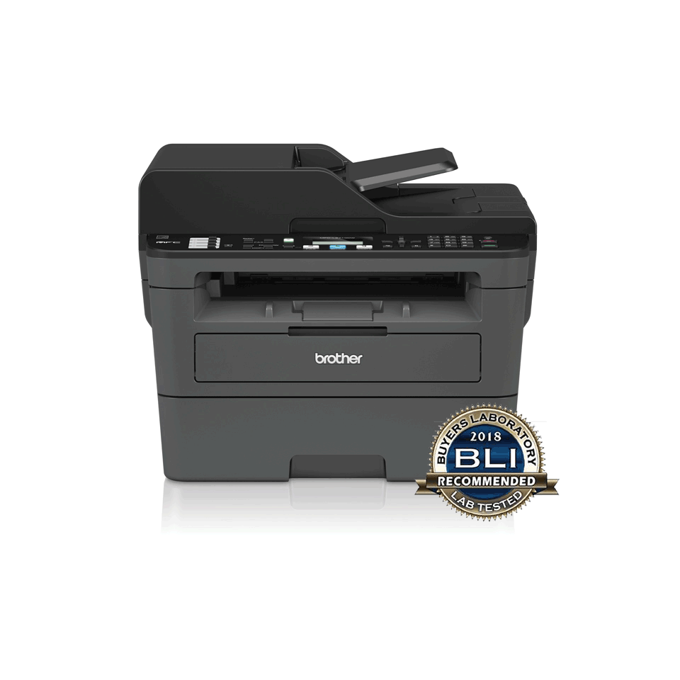 Compact 4-in-1 mono laser printer front with shadow