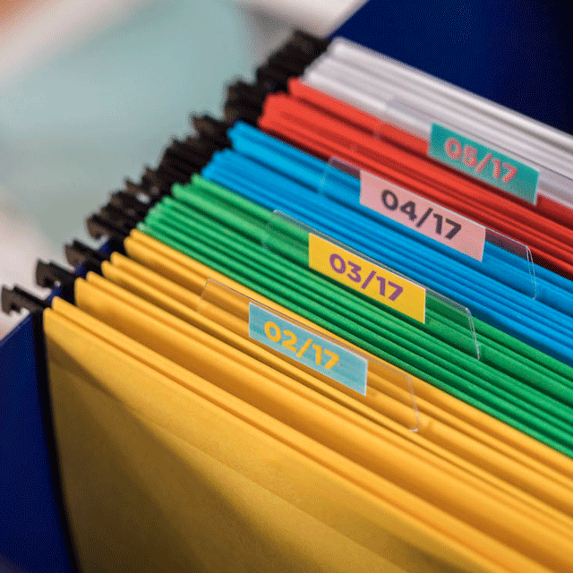 Suspension files in a filing cabinet labelled (using !2mm CZ-1002 full colour label roll)