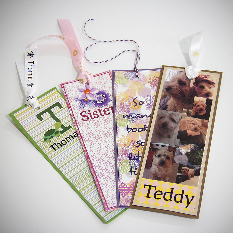 Several bookmarks with ribbon printed on a Brother Design and Craft full colour label printer