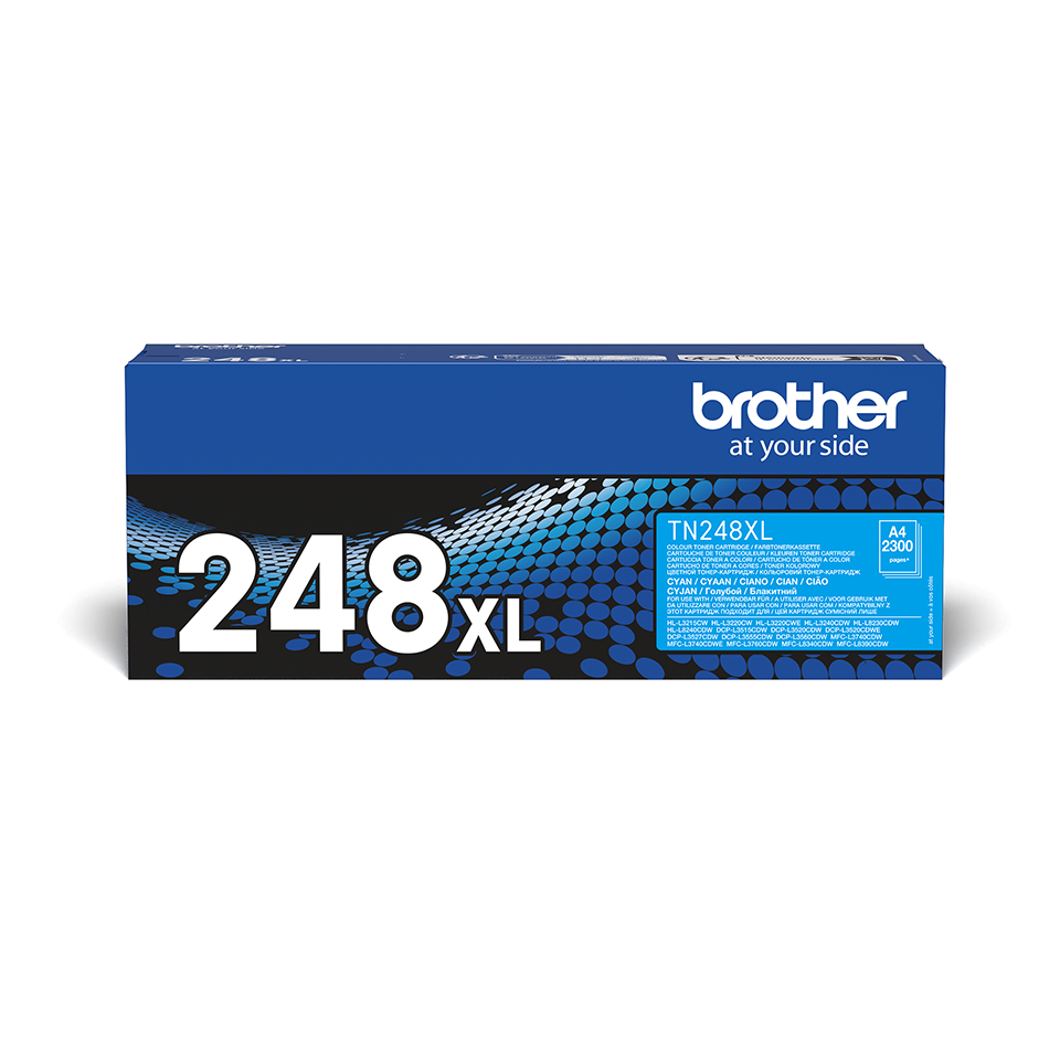 Brother TN248XLC Cyan toner carton positioned facing forward on a white background