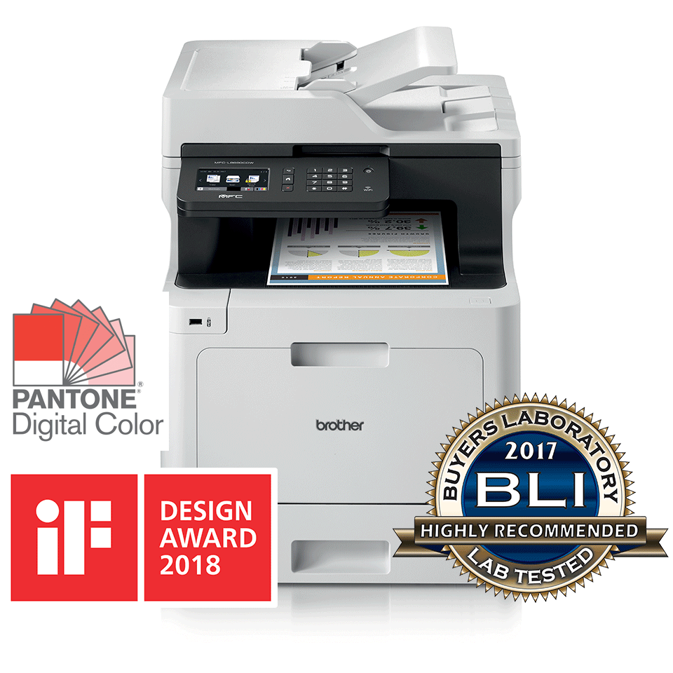 MFC-L8690CDW multifonctions laser with Bli logo, IF Design award logo. Pantone logo