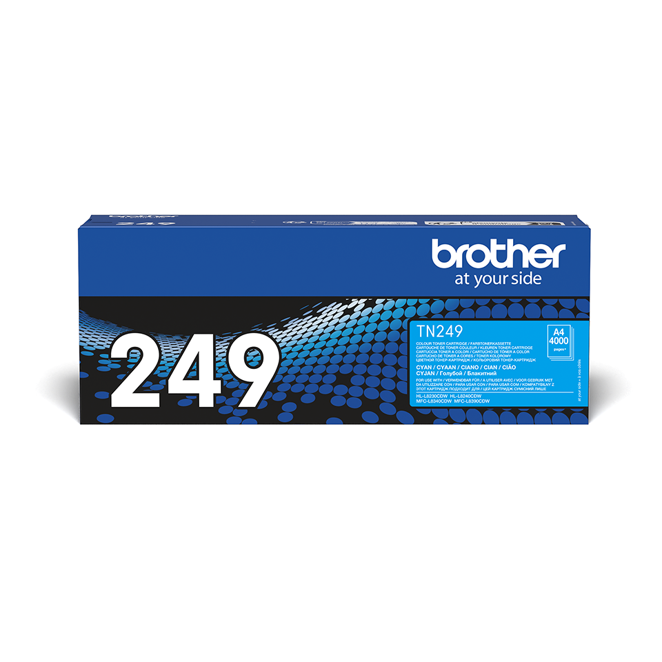 Brother TN249C Cyan toner carton positioned facing front on a white background