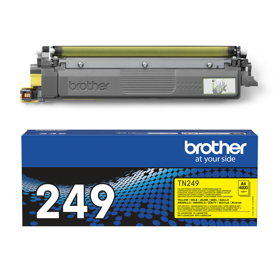 TN249Y toner cartridge with carton on a white background