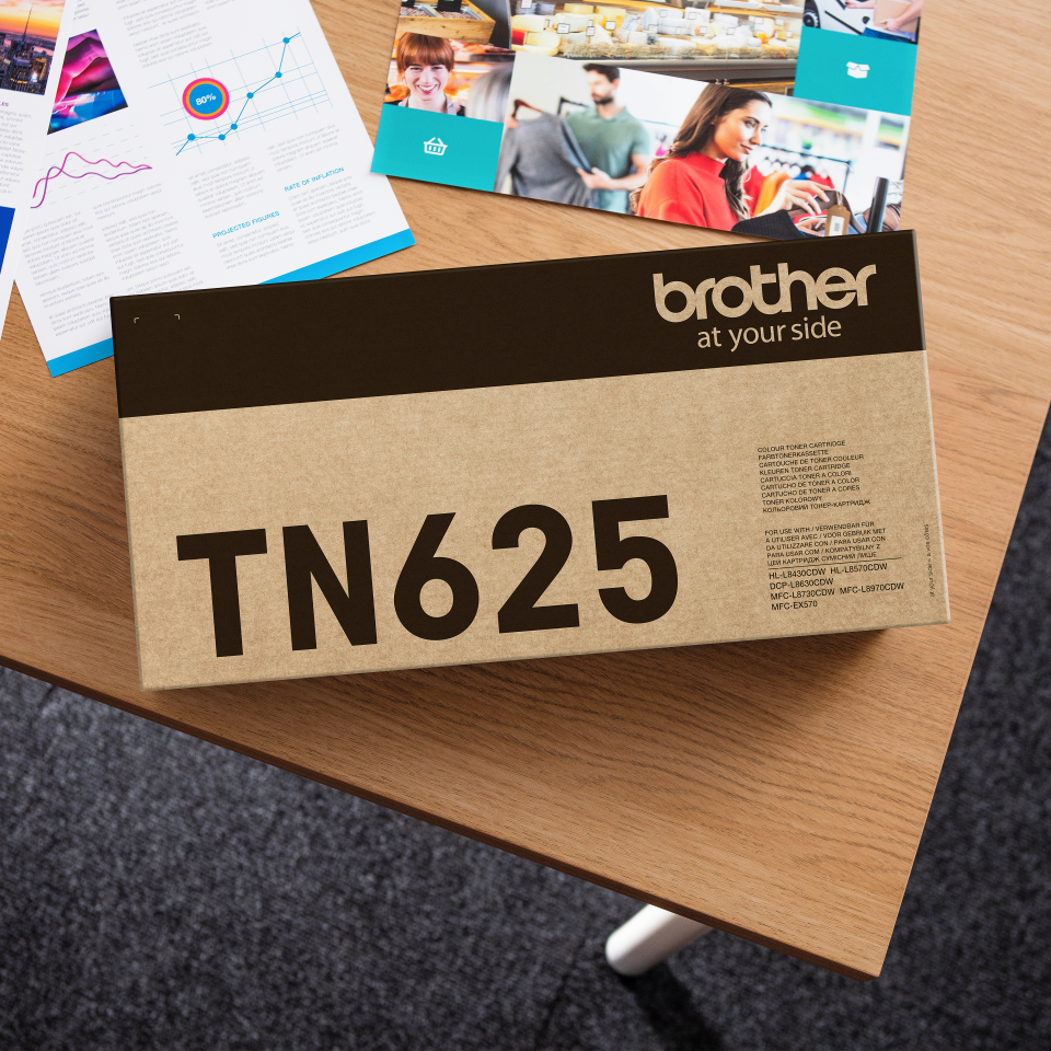 <p>Brother yellow TN625Y toner cartridge carton on a desk</p>