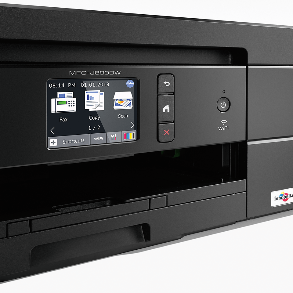 Close up shot of black inkjet printer with touchscreen on - MFCJ890DW