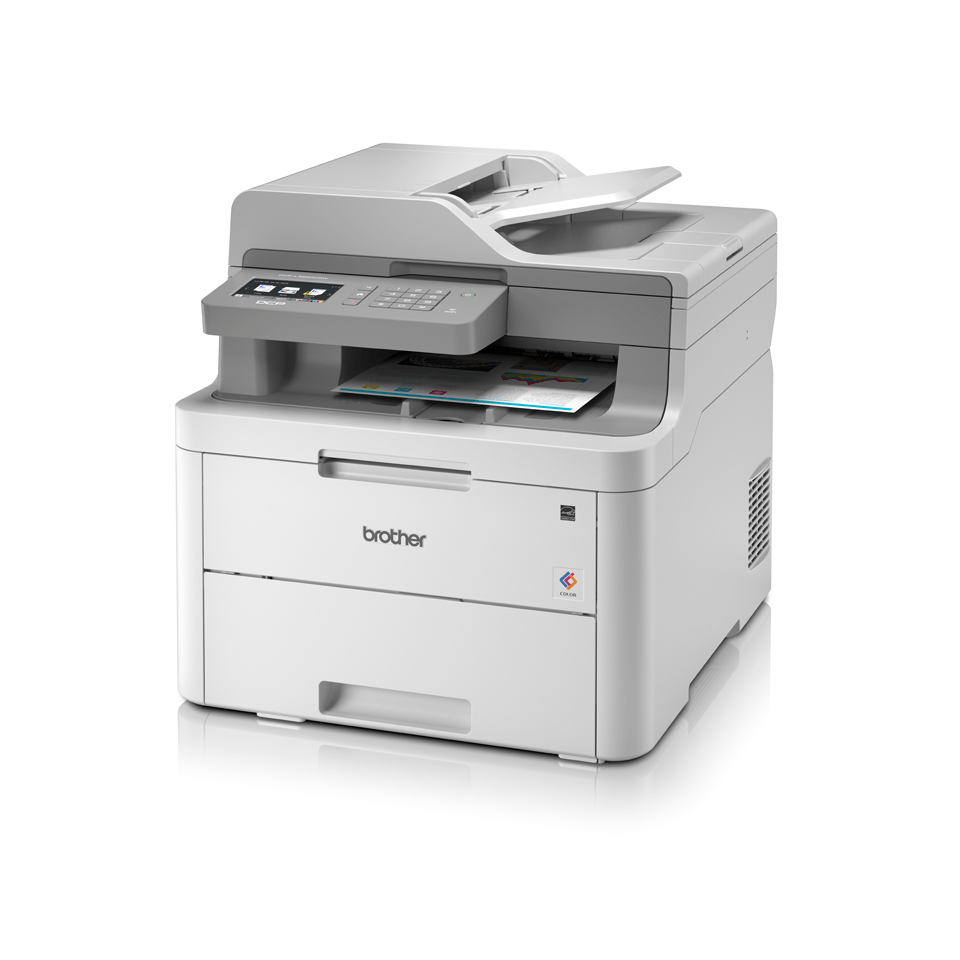 DCPL3550CDW colour LED wireless printers left facing with paper
