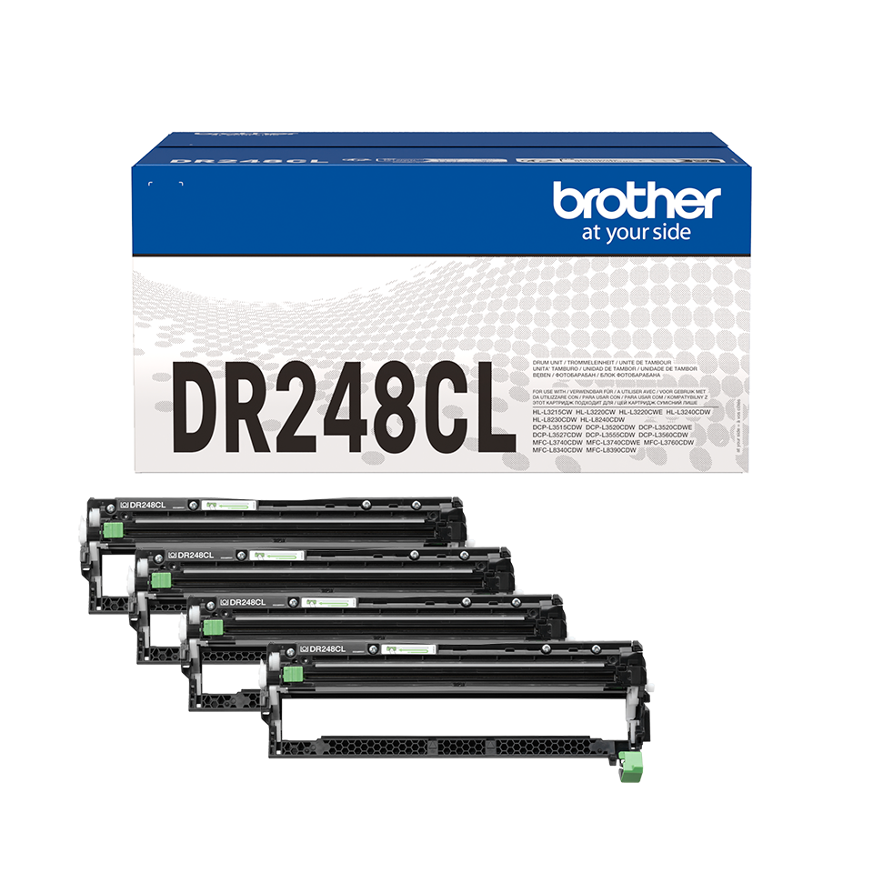 4 Brother DR248CL drum units shown lined up next to the product carton over a white background