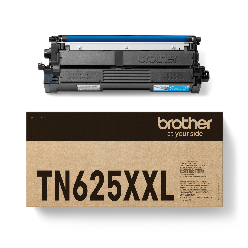 <p>Brother TN625XXLC cyan laser toner cartridge with carton</p>