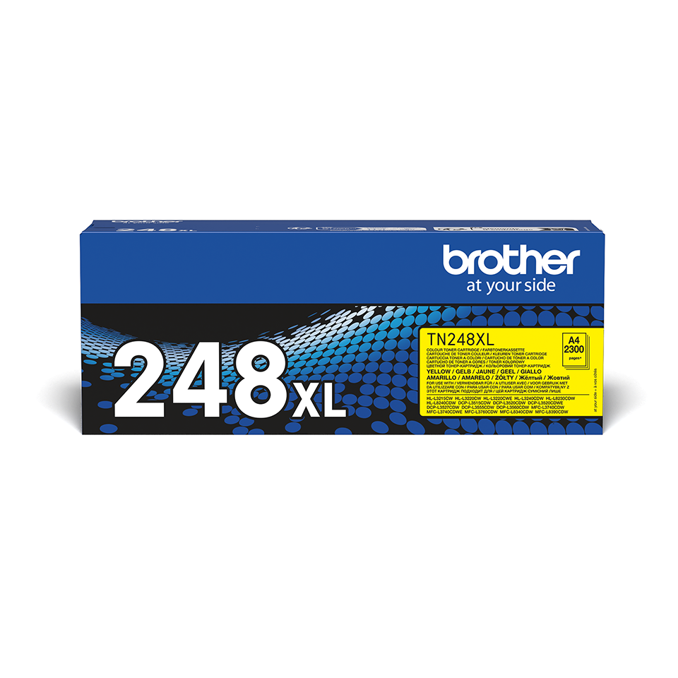 Brother TN248XLY Yellow toner carton positioned facing forward on a white background