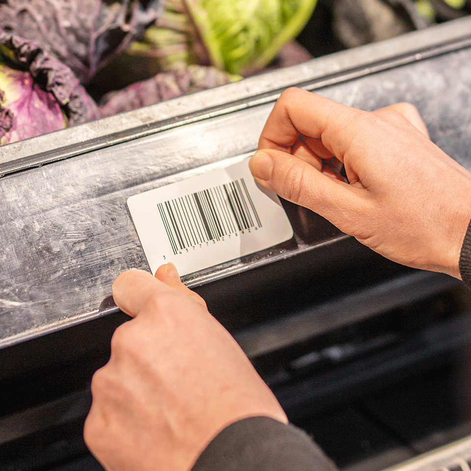 BDE1J044076040 barcode label being applied to shelf edge