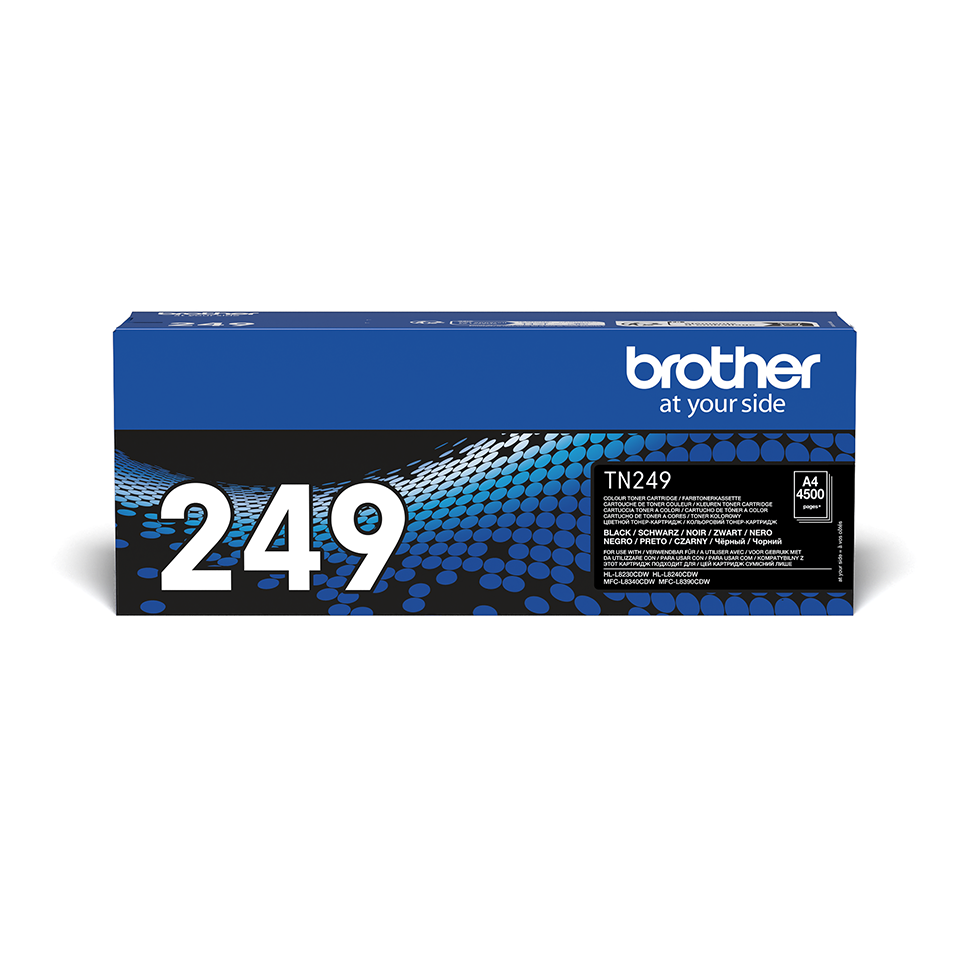 Brother TN249BK black toner carton positioned facing front on a white background