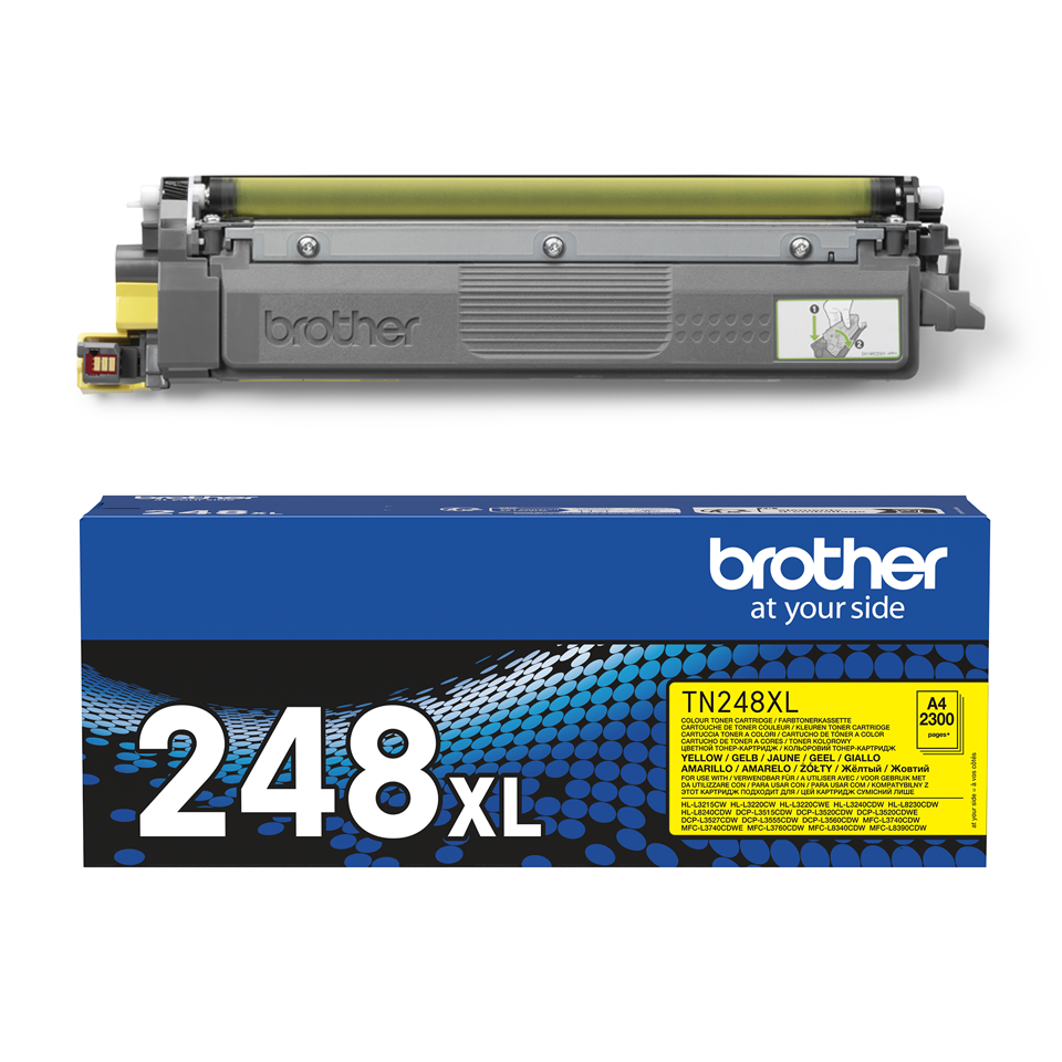 TN248XLY toner cartridge with carton on a white background