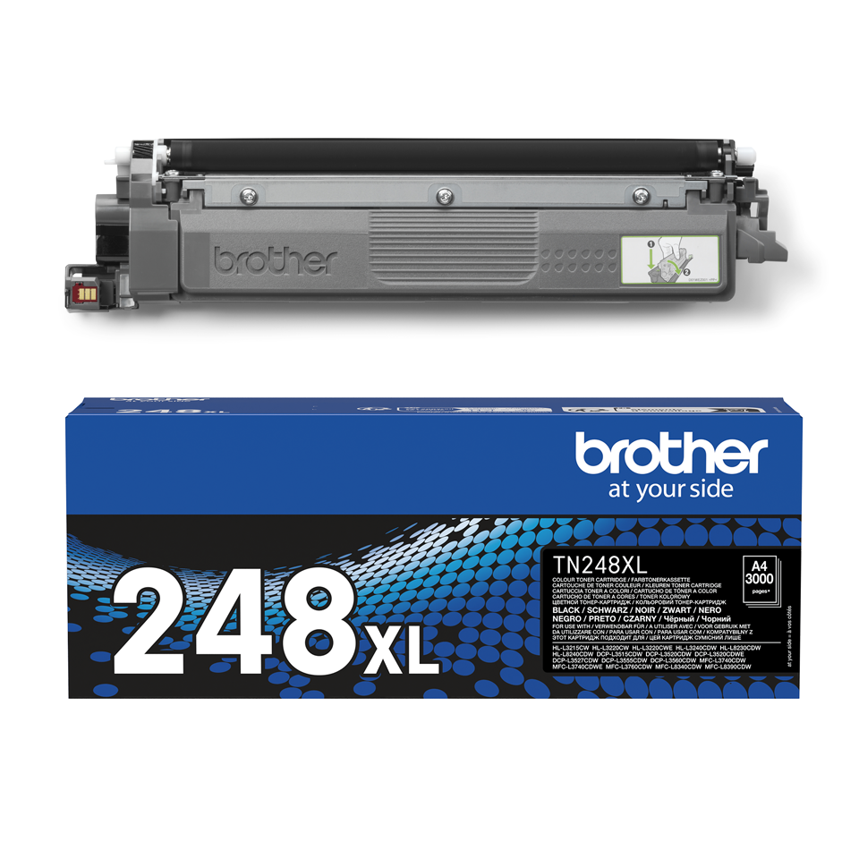 TN248XLBK toner cartridge with carton on a white background