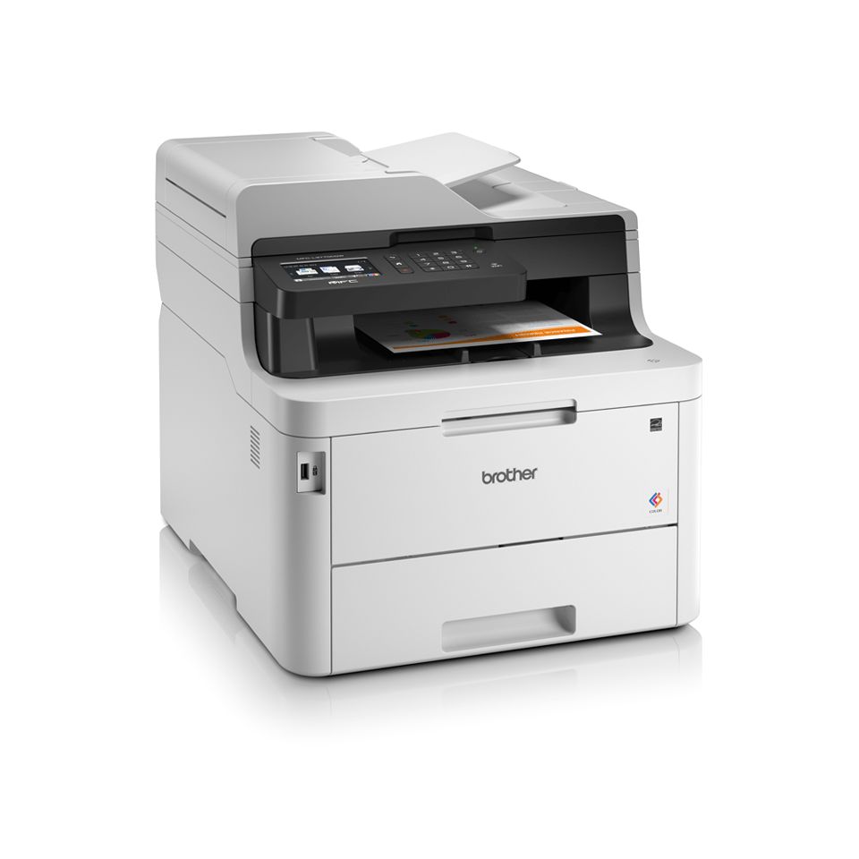 MFCL3770CDW colour LED wireless printers right facing with paper