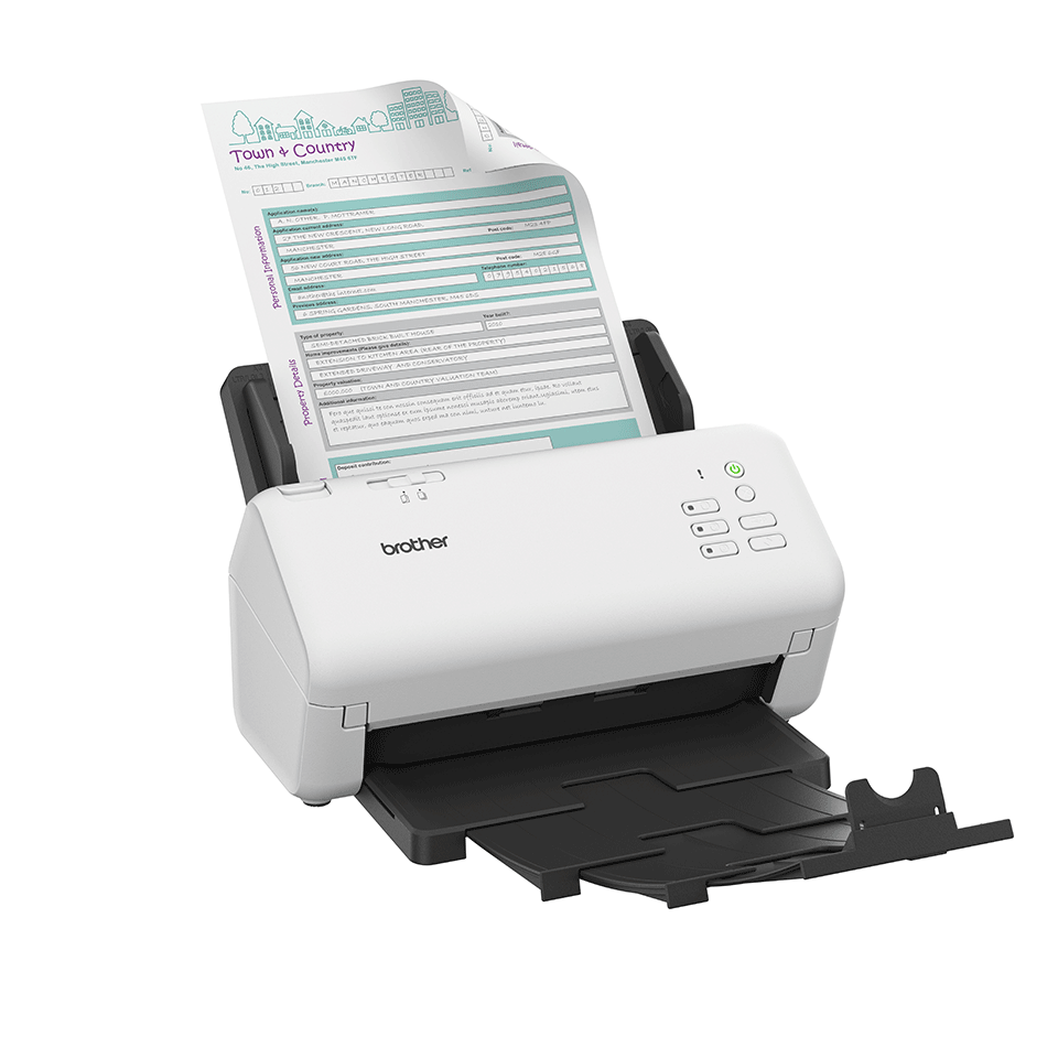 ADS-4300N with document facing right, paper tray pulled out