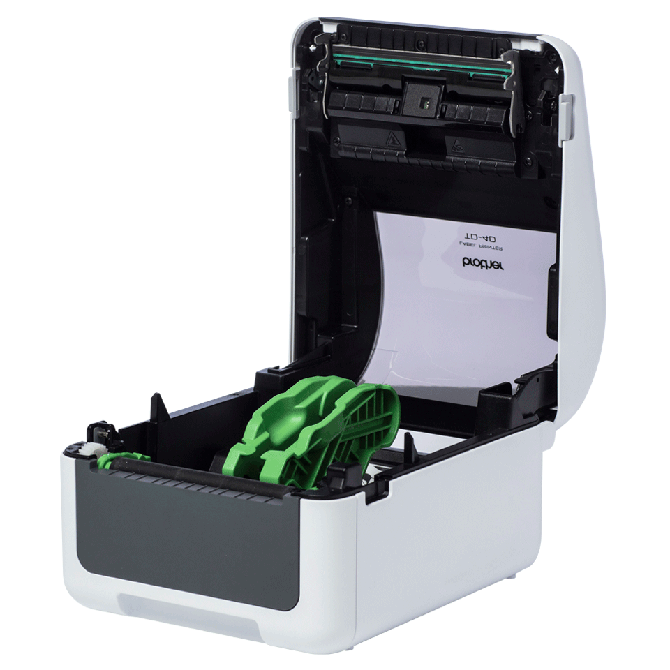Brother TD4D machine with lid open showing replacement platen roller accessory fitted inside