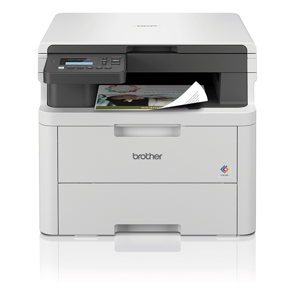 DCP-L3515CDW 3-in-1 printer with duplex colour output positioned facing foward on a white background