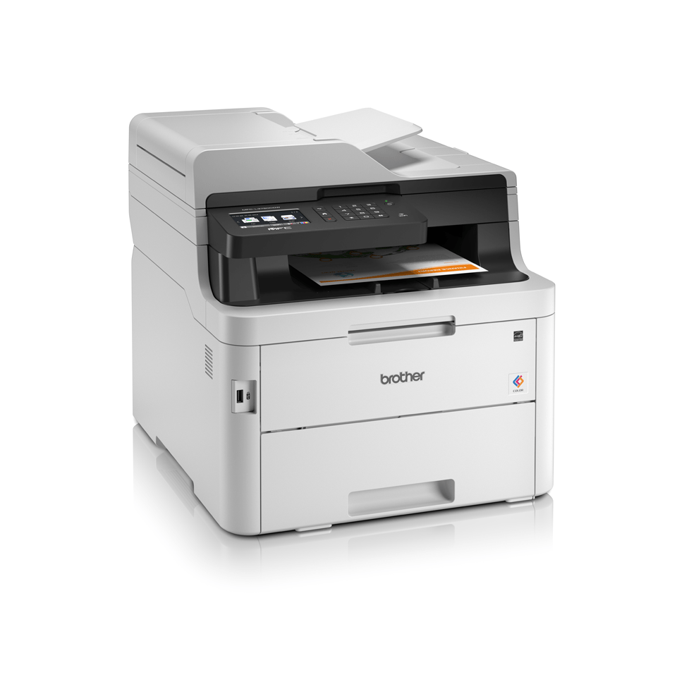 MFCL3750CDW colour LED wireless printers right facing with paper