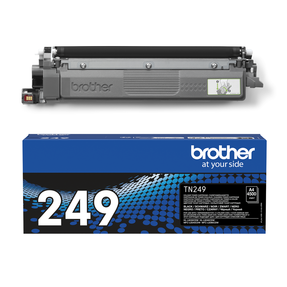 TN249BK toner cartridge with carton on a white background