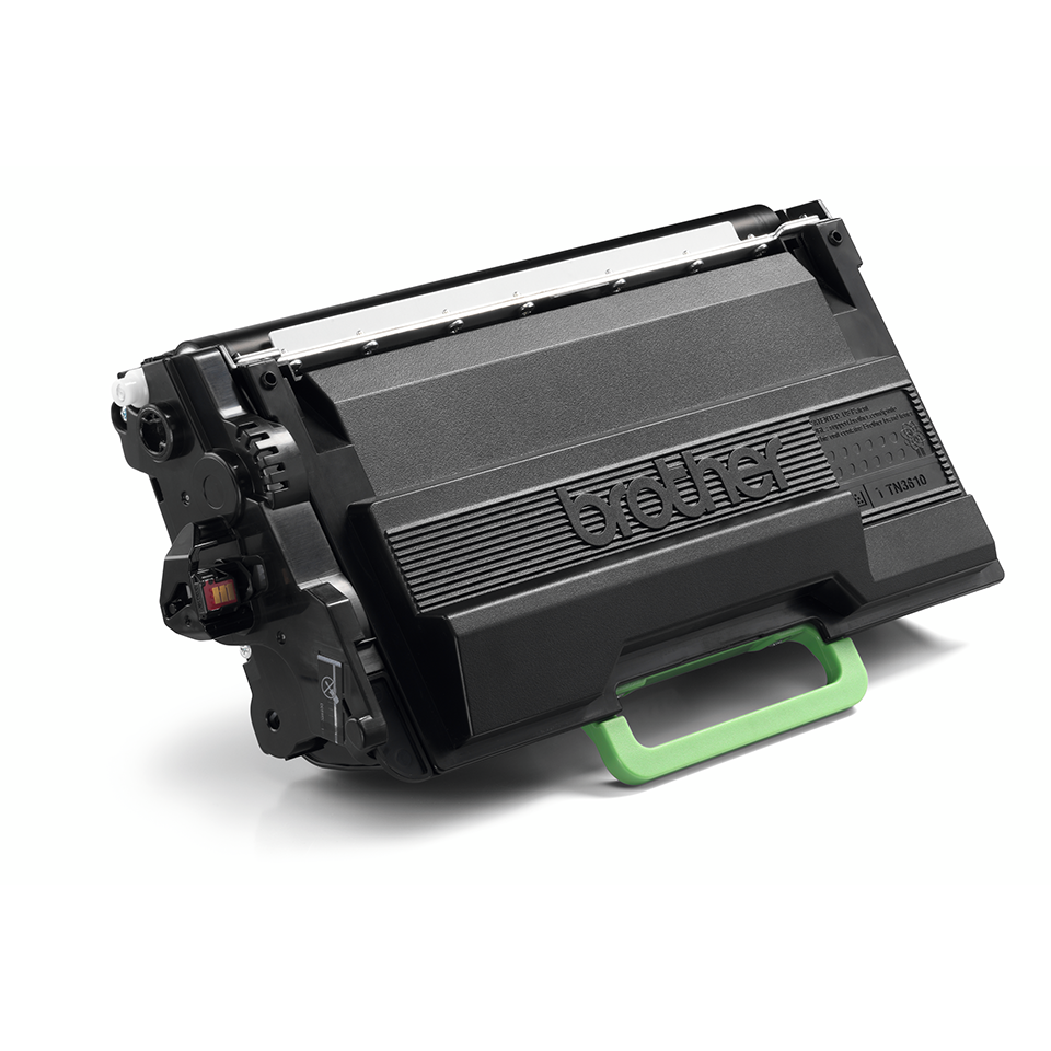 Brother TN3610 black toner cartridge facing right on a white background